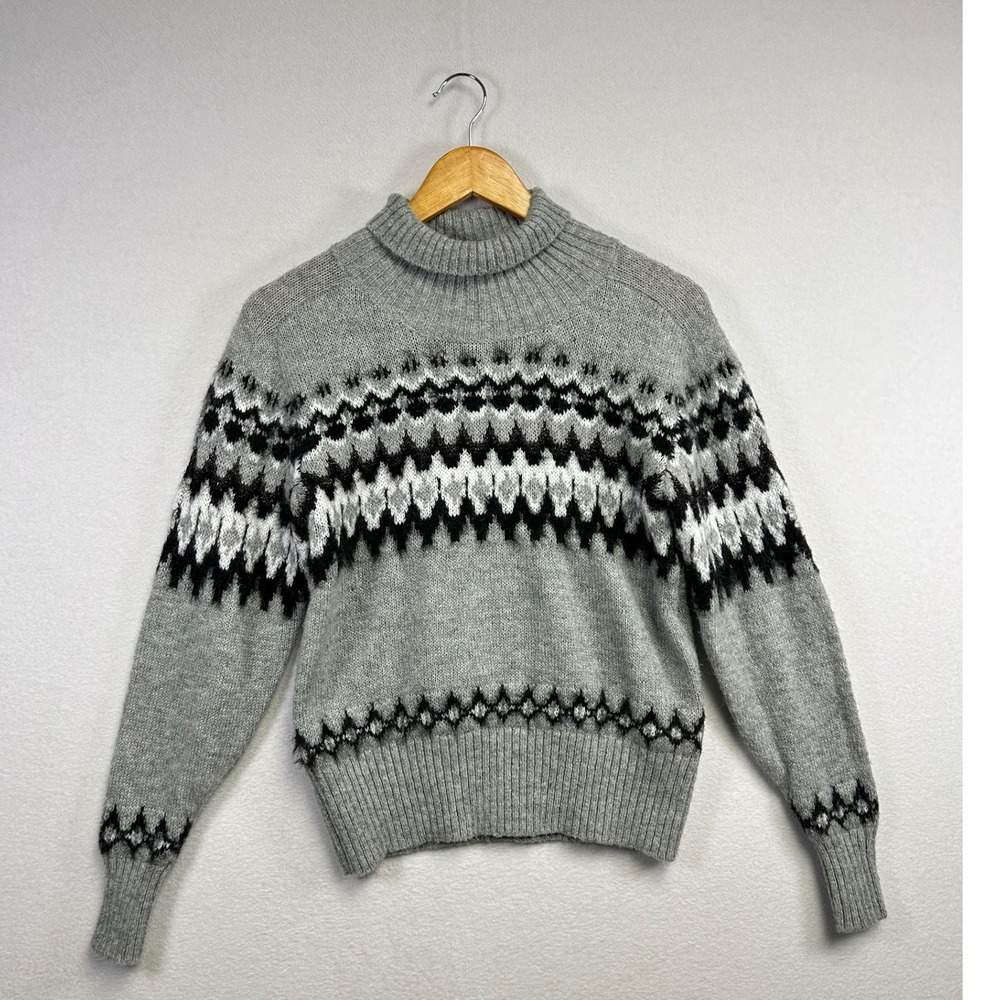 Free Assembly Women's Grayâ Fair Isle Turtleneck Sweater XS Cozy Winter Knit